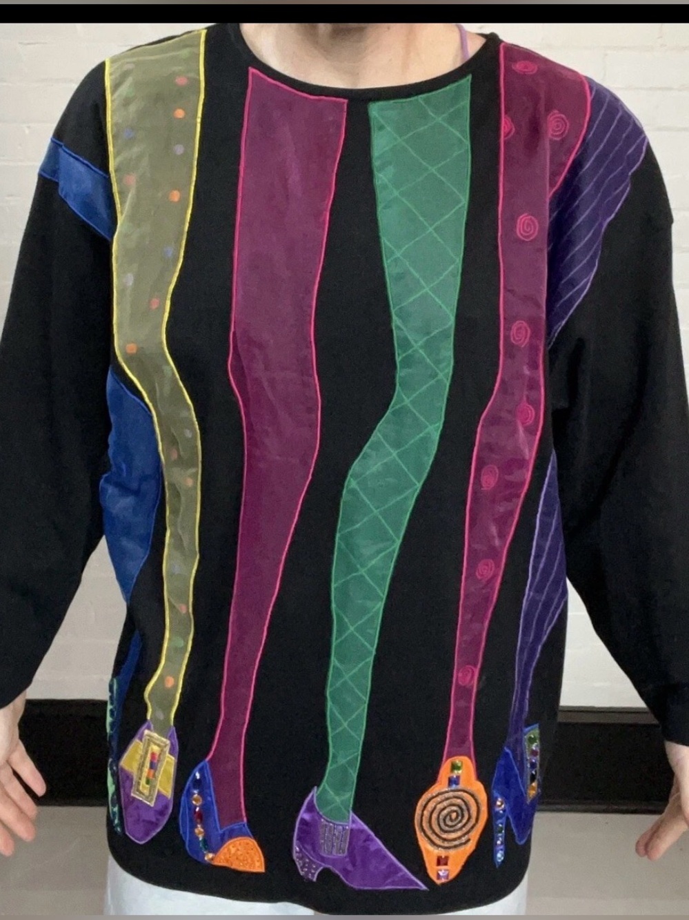 80s 90s Vintage Cedars Black Sweatshirt with Colorful Leg High Heels Appliqué- M